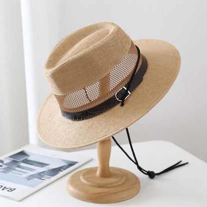 Men's Wide Brim Straw Stripe Hat With UV Protection Featuring Gauze Craftsmanship