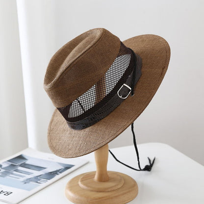 Men's Wide Brim Straw Stripe Hat With UV Protection Featuring Gauze Craftsmanship