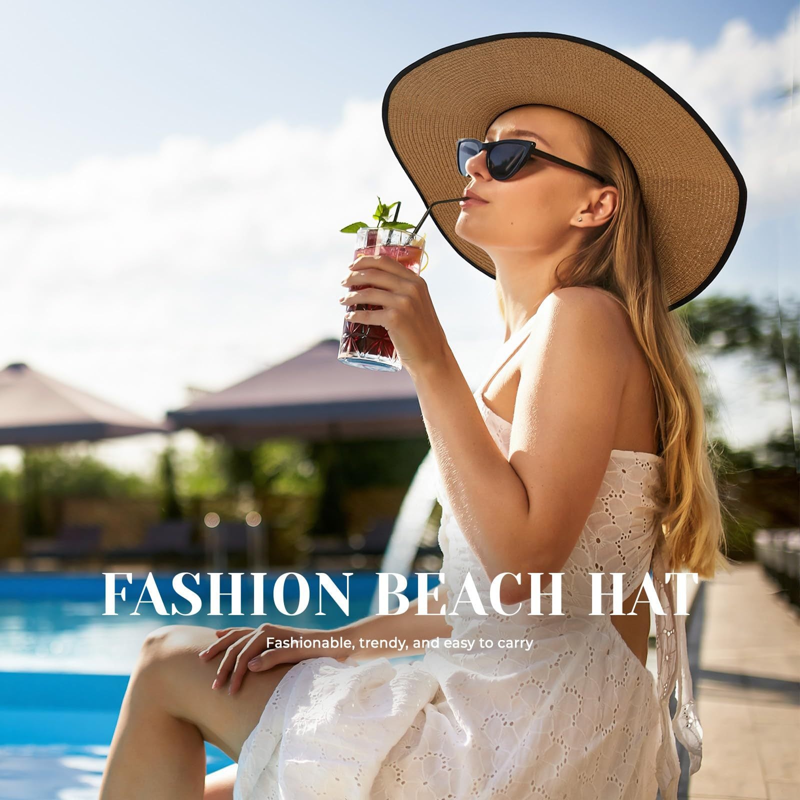 Women's Wide Brim Straw Hat With UV Protection, Vacation Style Featuring Braid Craftsmanship