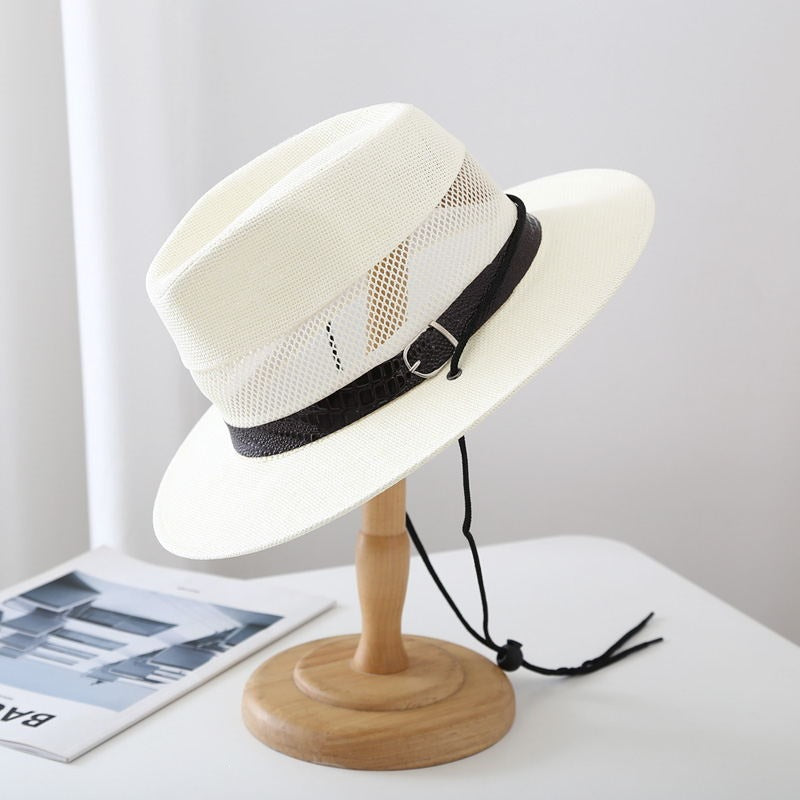 Men's Wide Brim Straw Stripe Hat With UV Protection Featuring Gauze Craftsmanship