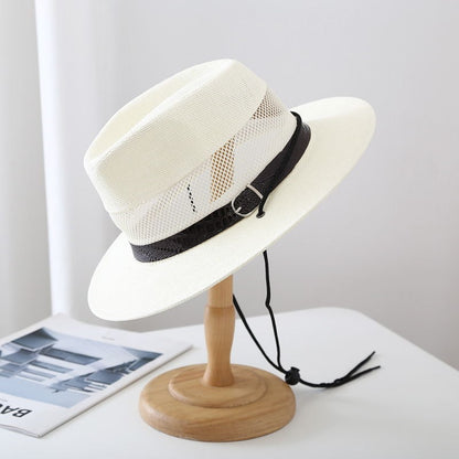 Men's Wide Brim Straw Stripe Hat With UV Protection Featuring Gauze Craftsmanship