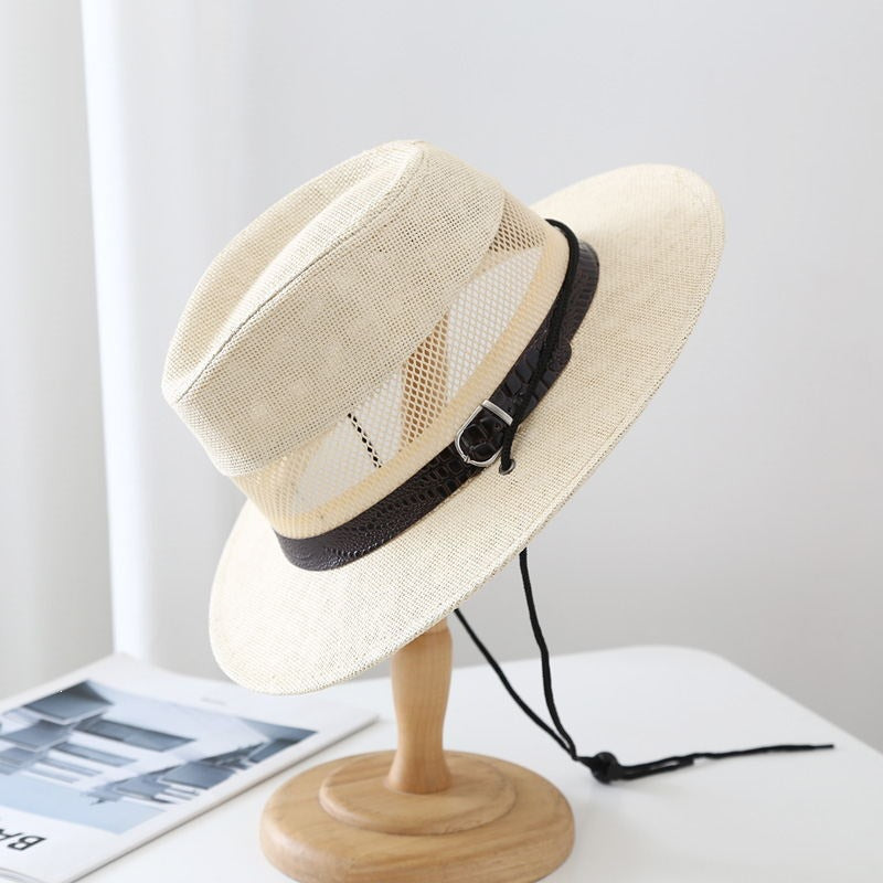 Men's Wide Brim Straw Stripe Hat With UV Protection Featuring Gauze Craftsmanship