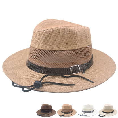 Men's Wide Brim Straw Stripe Hat With UV Protection Featuring Gauze Craftsmanship