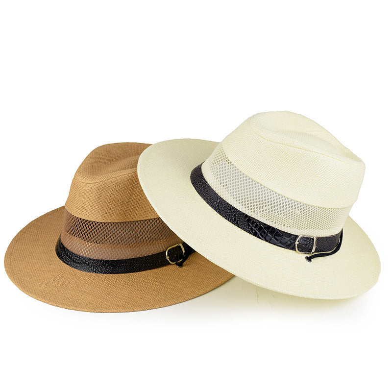 Men's Wide Brim Straw Stripe Hat With UV Protection Featuring Gauze Craftsmanship
