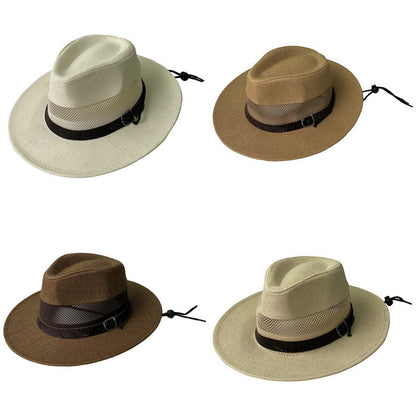 Men's Wide Brim Straw Stripe Hat With UV Protection Featuring Gauze Craftsmanship
