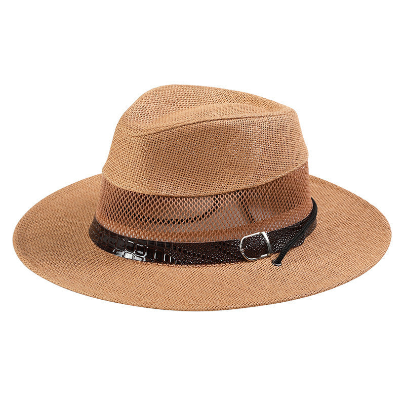 Men's Wide Brim Straw Stripe Hat With UV Protection Featuring Gauze Craftsmanship