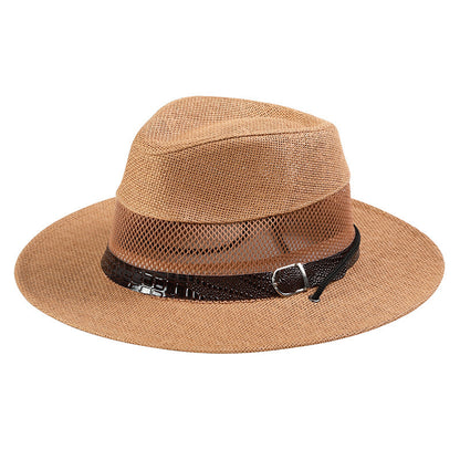 Men's Wide Brim Straw Stripe Hat With UV Protection Featuring Gauze Craftsmanship