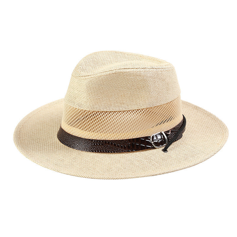 Men's Wide Brim Straw Stripe Hat With UV Protection Featuring Gauze Craftsmanship