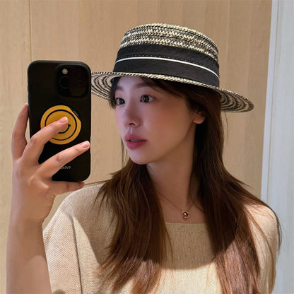 French Style Women’s Stripe Straw Hat With Short Brim, Featuring UV Protection And Braid Craftsmanship