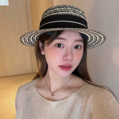 French Style Women’s Stripe Straw Hat With Short Brim, Featuring UV Protection And Braid Craftsmanship