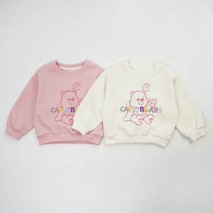 Cute Cartoon Children's Sweatshirt In Beige Cotton Blends With Embroidery And Round Neck Pullover Design