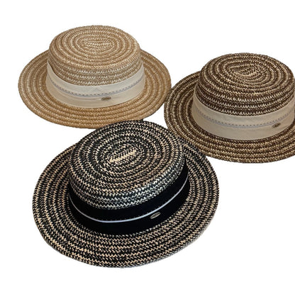 French Style Women’s Stripe Straw Hat With Short Brim, Featuring UV Protection And Braid Craftsmanship