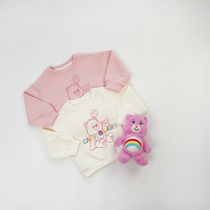 Cute Cartoon Children's Sweatshirt In Beige Cotton Blends With Embroidery And Round Neck Pullover Design