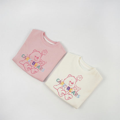 Cute Cartoon Children's Sweatshirt In Beige Cotton Blends With Embroidery And Round Neck Pullover Design