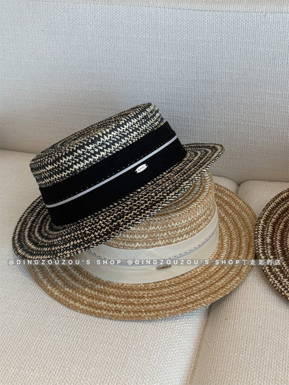 French Style Women’s Stripe Straw Hat With Short Brim, Featuring UV Protection And Braid Craftsmanship