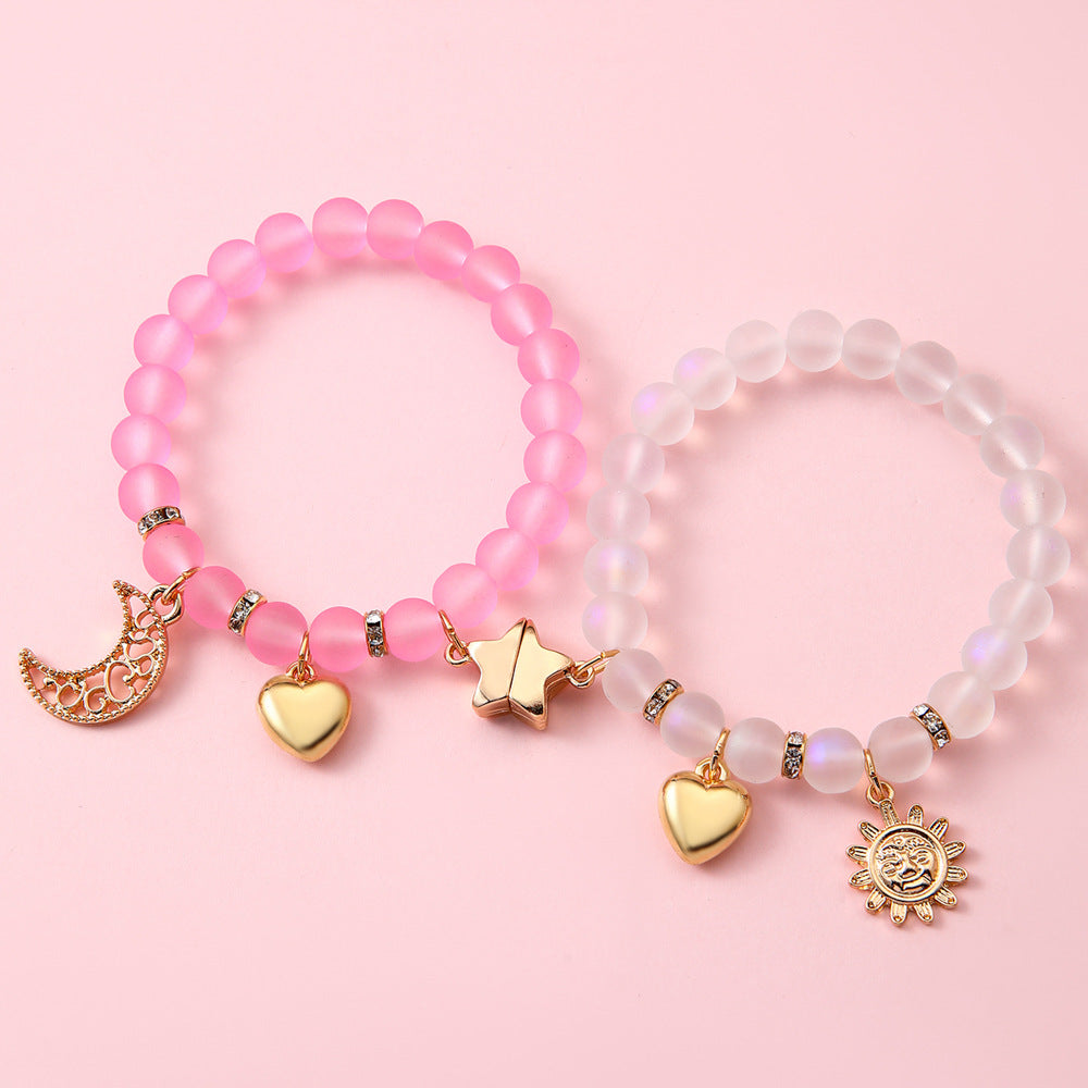 Simple Style Star Beading Bracelet For Girls In Natural Pink Alloy With Beads Inlay