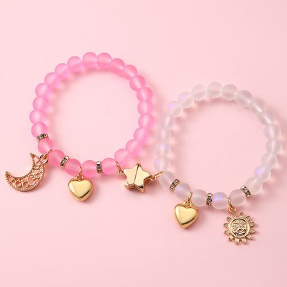 Simple Style Star Beading Bracelet For Girls In Natural Pink Alloy With Beads Inlay