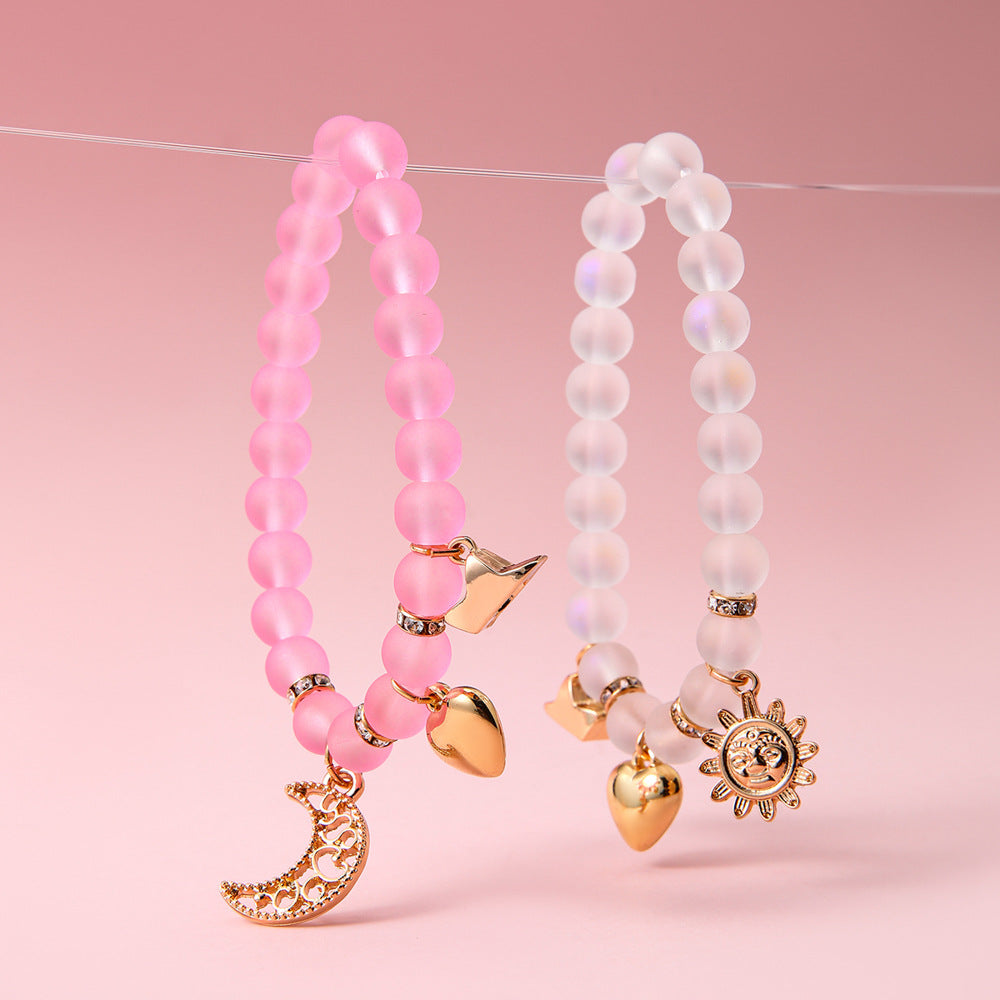Simple Style Star Beading Bracelet For Girls In Natural Pink Alloy With Beads Inlay