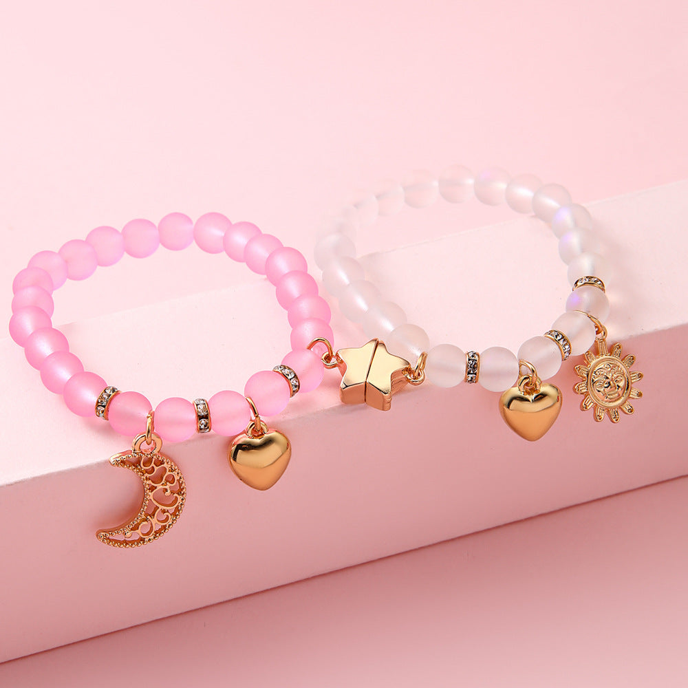 Simple Style Star Beading Bracelet For Girls In Natural Pink Alloy With Beads Inlay