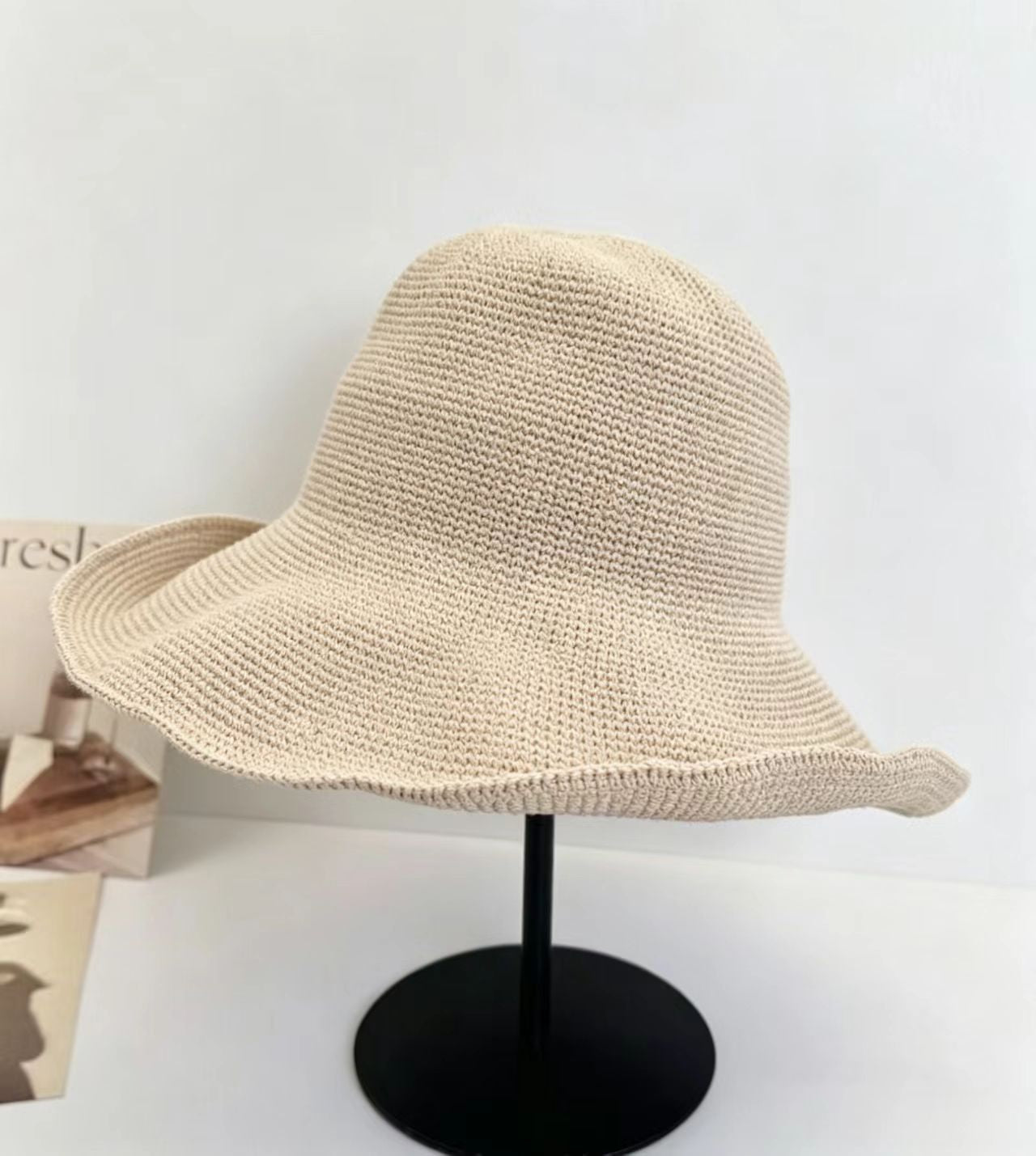 Solid Color Wide Brim Bucket Hat For Women In Straw Material With Braid Craft, Featuring UV Protection For Commute