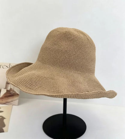 Solid Color Wide Brim Bucket Hat For Women In Straw Material With Braid Craft, Featuring UV Protection For Commute