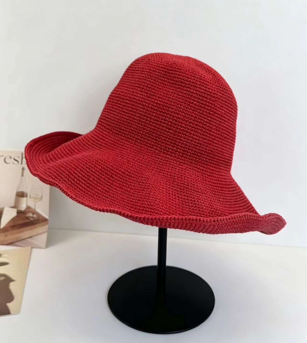 Solid Color Wide Brim Bucket Hat For Women In Straw Material With Braid Craft, Featuring UV Protection For Commute