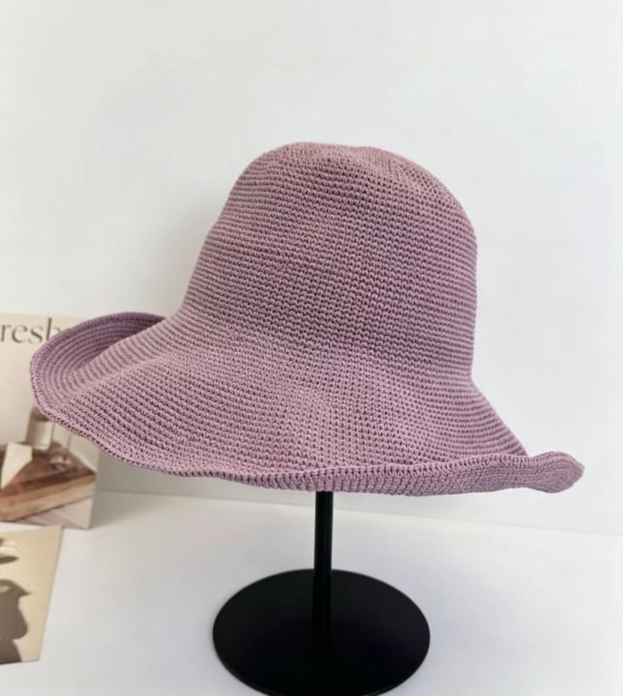 Solid Color Wide Brim Bucket Hat For Women In Straw Material With Braid Craft, Featuring UV Protection For Commute