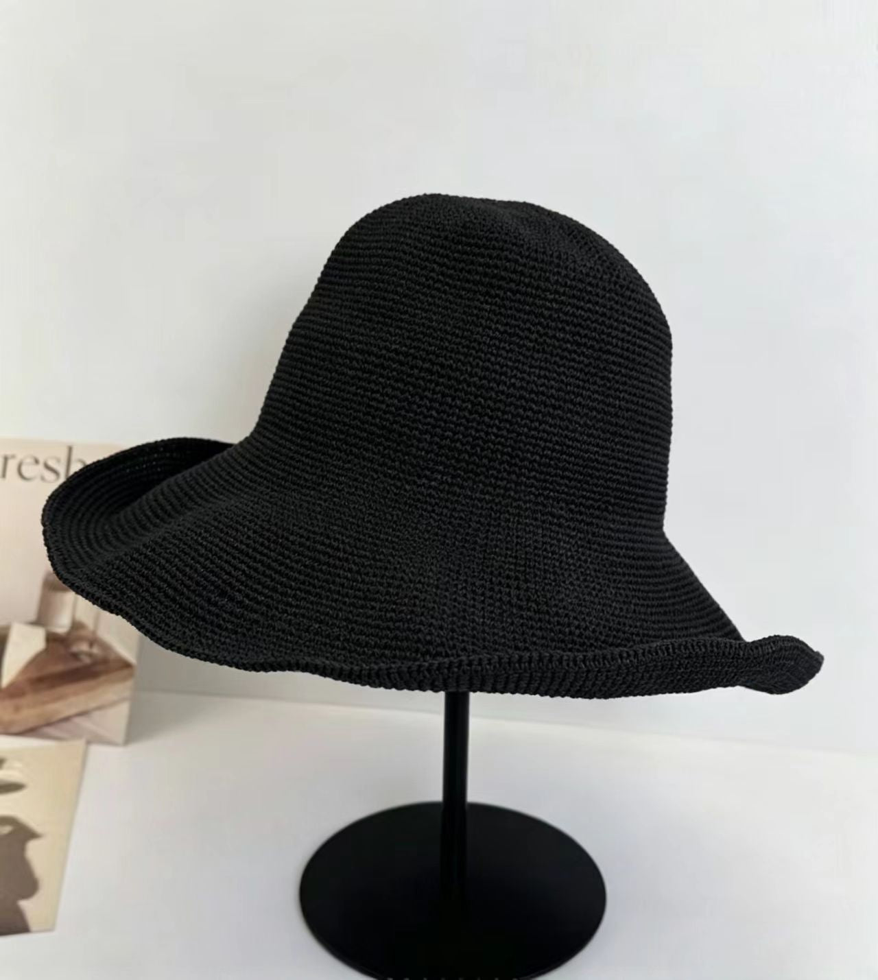 Solid Color Wide Brim Bucket Hat For Women In Straw Material With Braid Craft, Featuring UV Protection For Commute