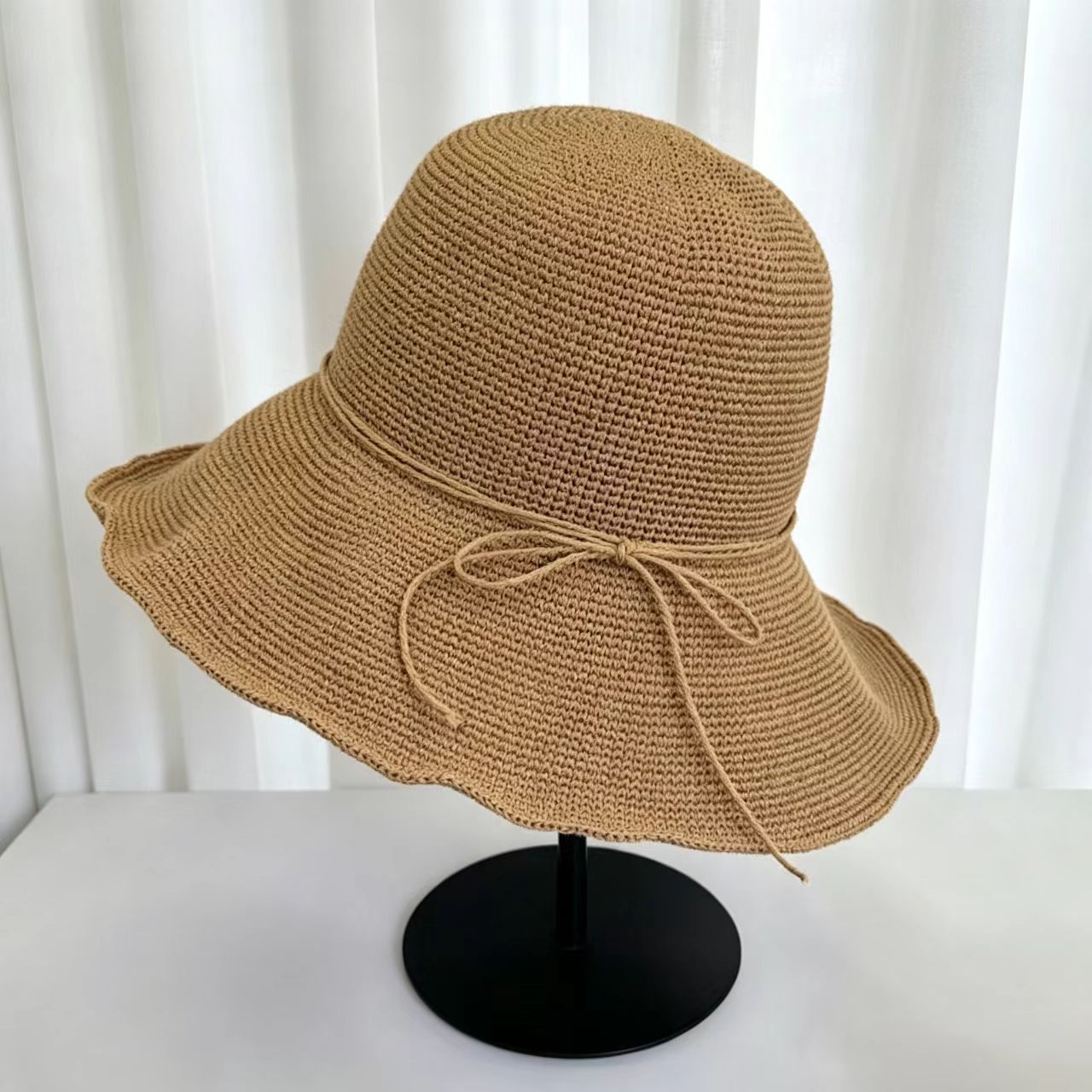 Solid Color Wide Brim Bucket Hat For Women In Straw Material With Braid Craft, Featuring UV Protection For Commute