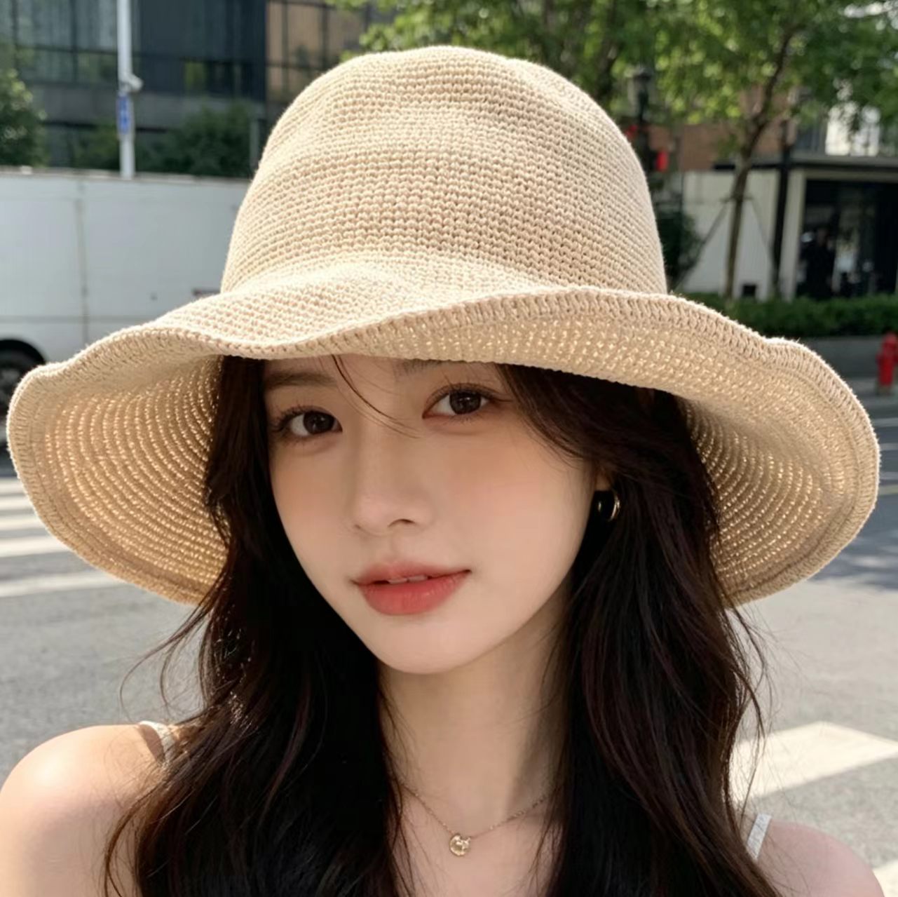 Solid Color Wide Brim Bucket Hat For Women In Straw Material With Braid Craft, Featuring UV Protection For Commute