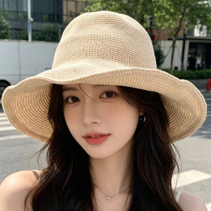 Solid Color Wide Brim Bucket Hat For Women In Straw Material With Braid Craft, Featuring UV Protection For Commute