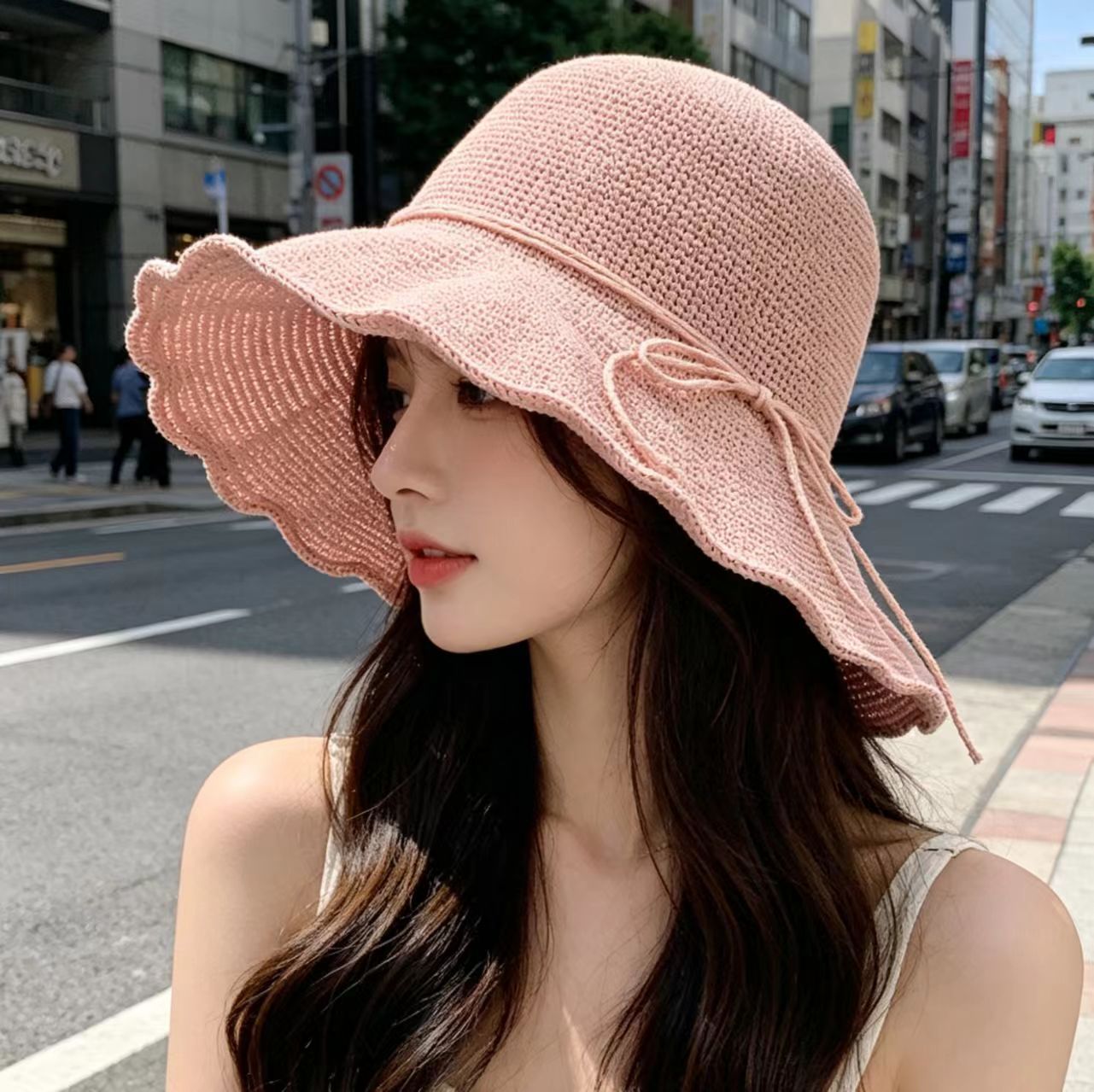 Solid Color Wide Brim Bucket Hat For Women In Straw Material With Braid Craft, Featuring UV Protection For Commute