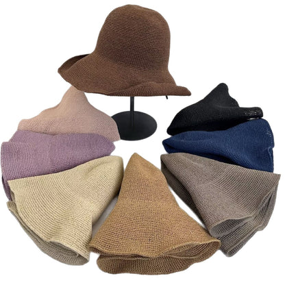 Solid Color Wide Brim Bucket Hat For Women In Straw Material With Braid Craft, Featuring UV Protection For Commute