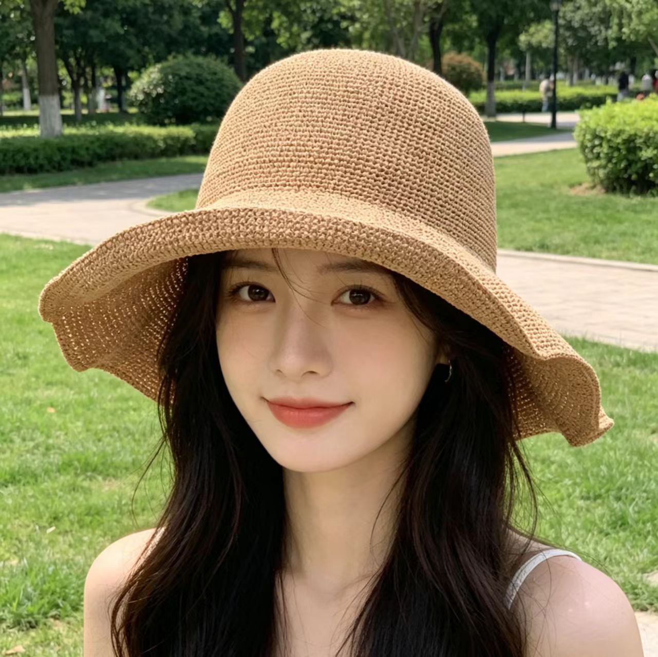 Solid Color Wide Brim Bucket Hat For Women In Straw Material With Braid Craft, Featuring UV Protection For Commute