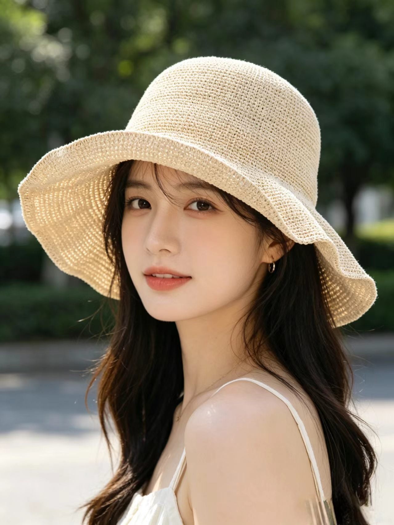 Solid Color Wide Brim Bucket Hat For Women In Straw Material With Braid Craft, Featuring UV Protection For Commute