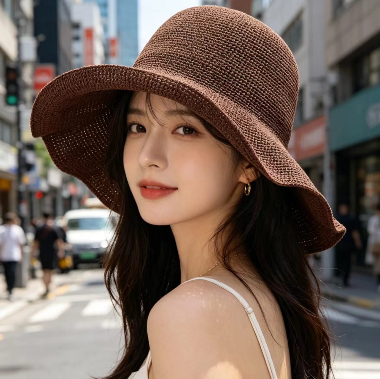 Solid Color Wide Brim Bucket Hat For Women In Straw Material With Braid Craft, Featuring UV Protection For Commute