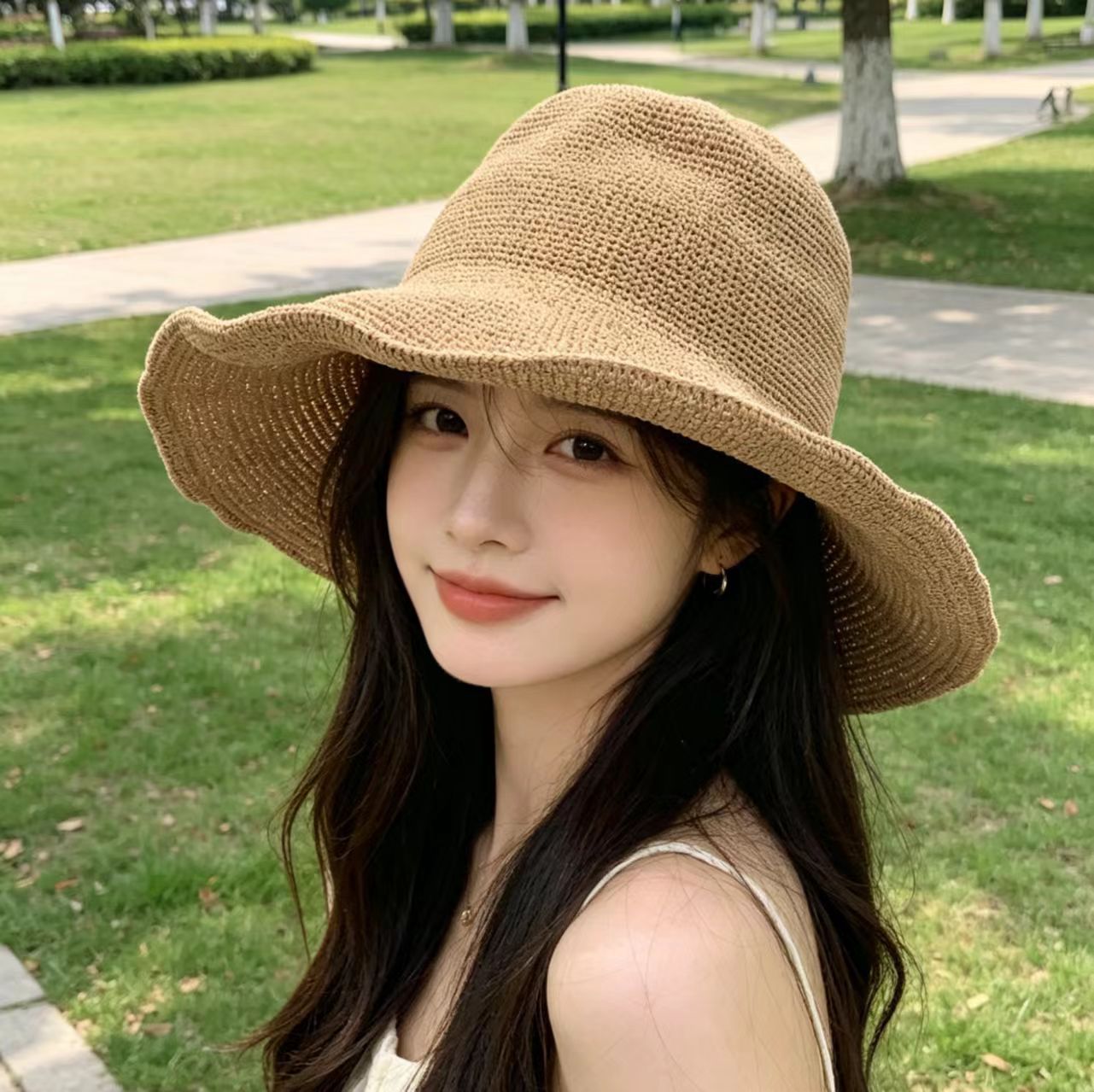 Solid Color Wide Brim Bucket Hat For Women In Straw Material With Braid Craft, Featuring UV Protection For Commute