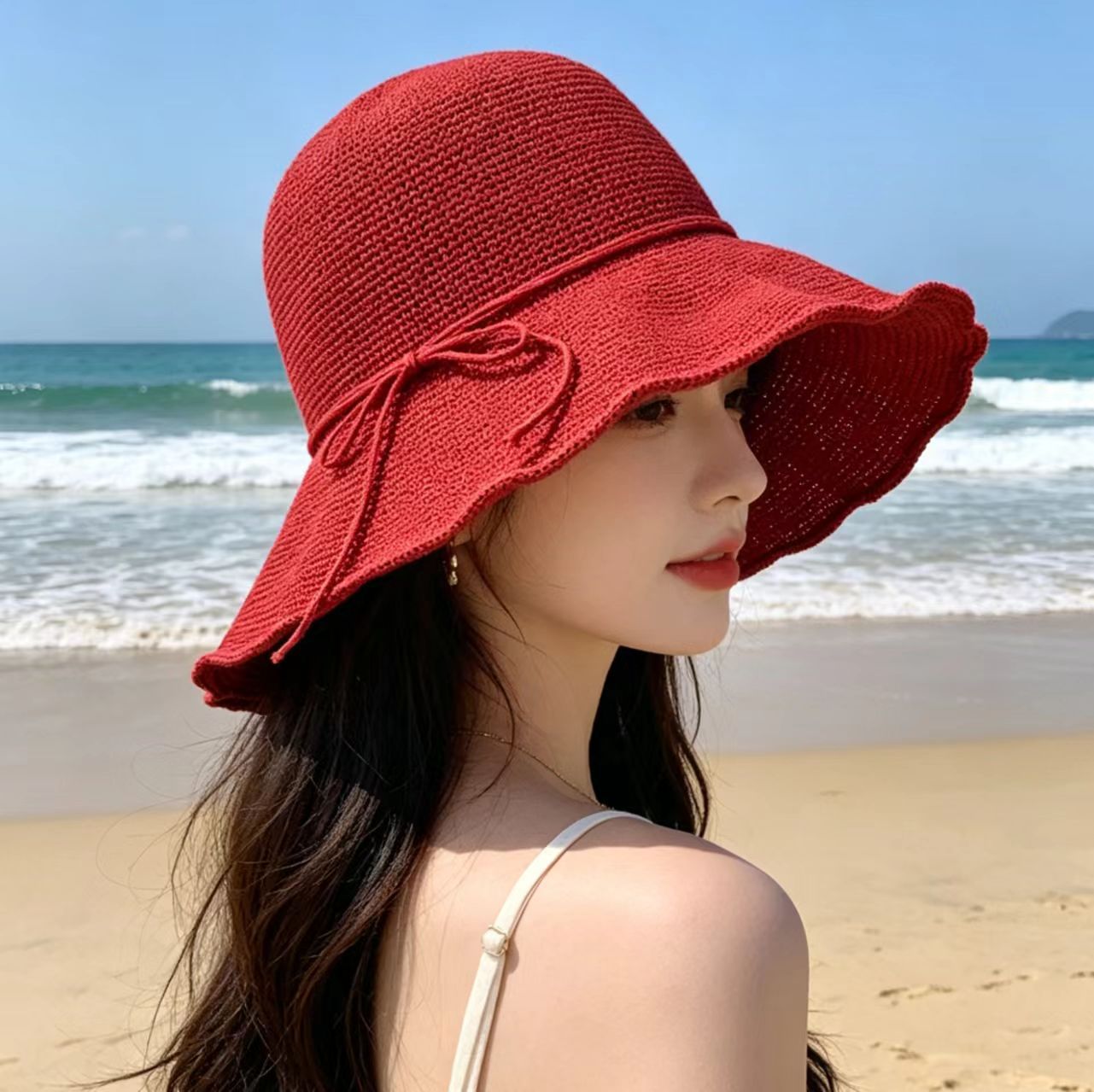 Solid Color Wide Brim Bucket Hat For Women In Straw Material With Braid Craft, Featuring UV Protection For Commute