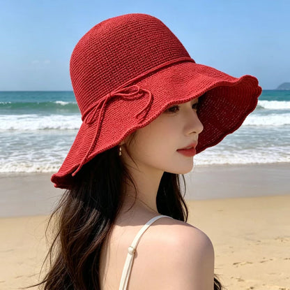 Solid Color Wide Brim Bucket Hat For Women In Straw Material With Braid Craft, Featuring UV Protection For Commute