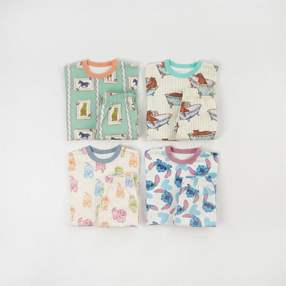 Cute Girl's Stripe Pant Co-ord Set In Cotton Printing For Autumn Children's Home Clothes