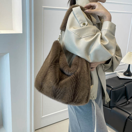 Women’s Plush Bucket Tote Bag With Sewing Thread Detail, Single Shoulder Strap, Perfect For Autumn And Winter