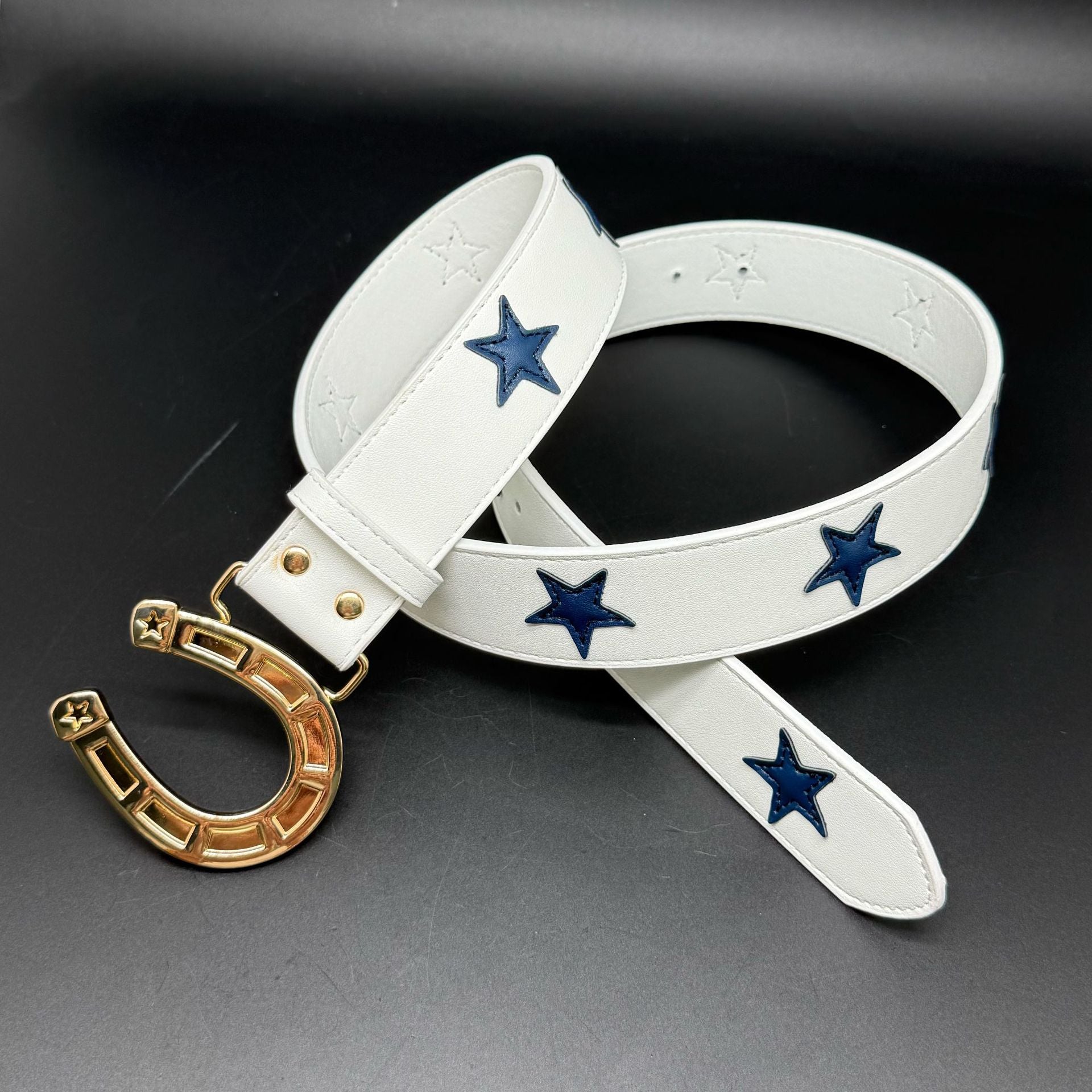 Punk Color Block Belt In White & Blue With Alloy Snap Buckle, Made Of PU Leather