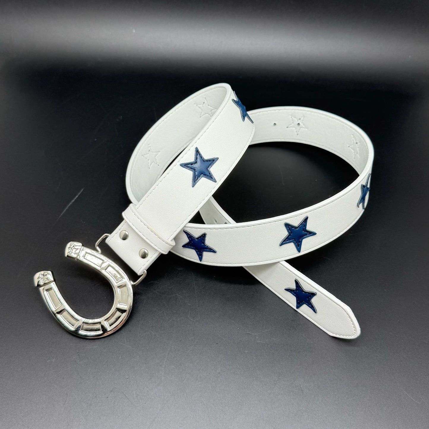 Punk Color Block Belt In White & Blue With Alloy Snap Buckle, Made Of PU Leather