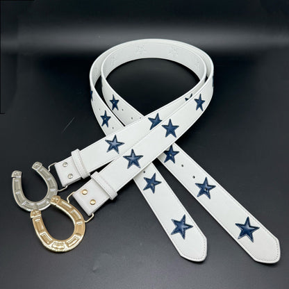Punk Color Block Belt In White & Blue With Alloy Snap Buckle, Made Of PU Leather