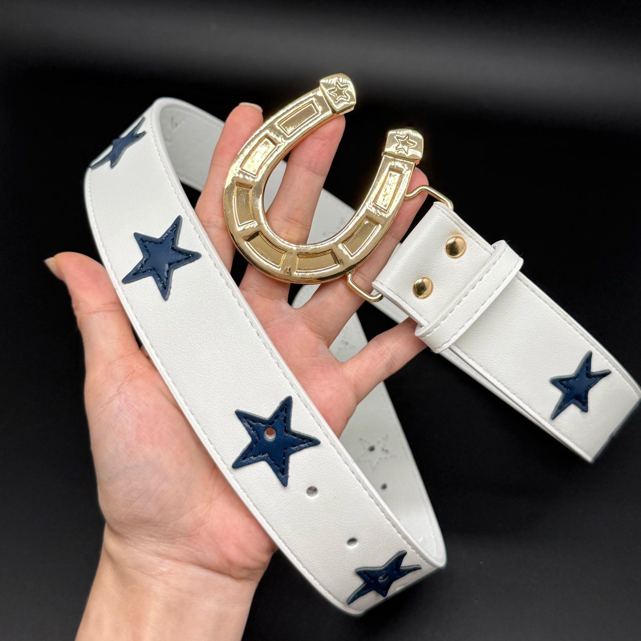 Punk Color Block Belt In White & Blue With Alloy Snap Buckle, Made Of PU Leather