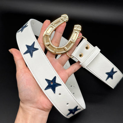 Punk Color Block Belt In White & Blue With Alloy Snap Buckle, Made Of PU Leather