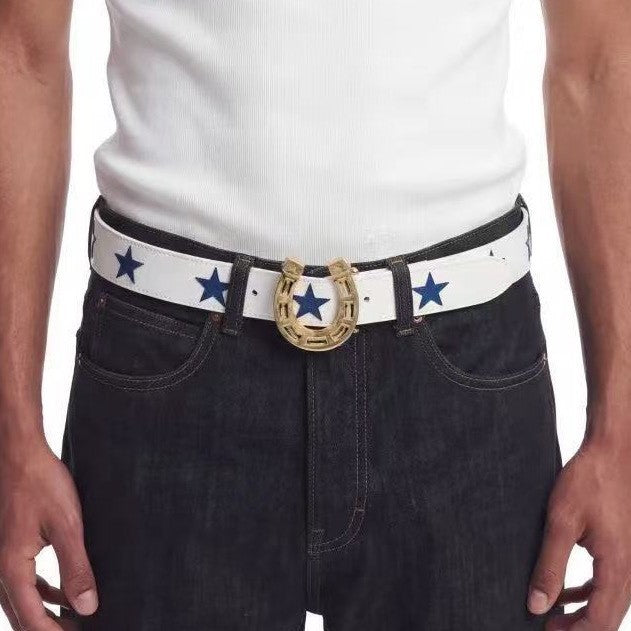Punk Color Block Belt In White & Blue With Alloy Snap Buckle, Made Of PU Leather