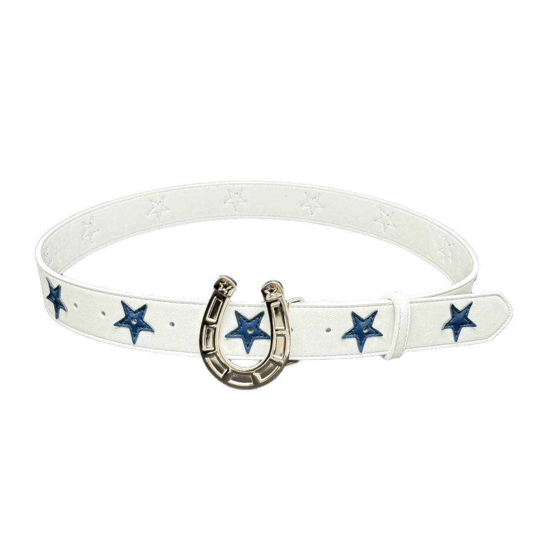 Punk Color Block Belt In White & Blue With Alloy Snap Buckle, Made Of PU Leather