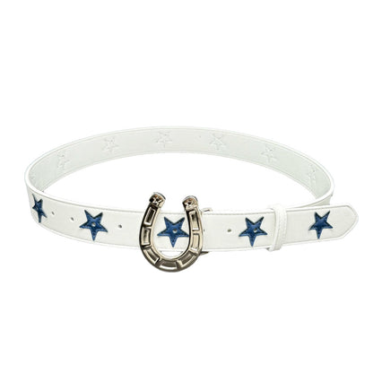 Punk Color Block Belt In White & Blue With Alloy Snap Buckle, Made Of PU Leather