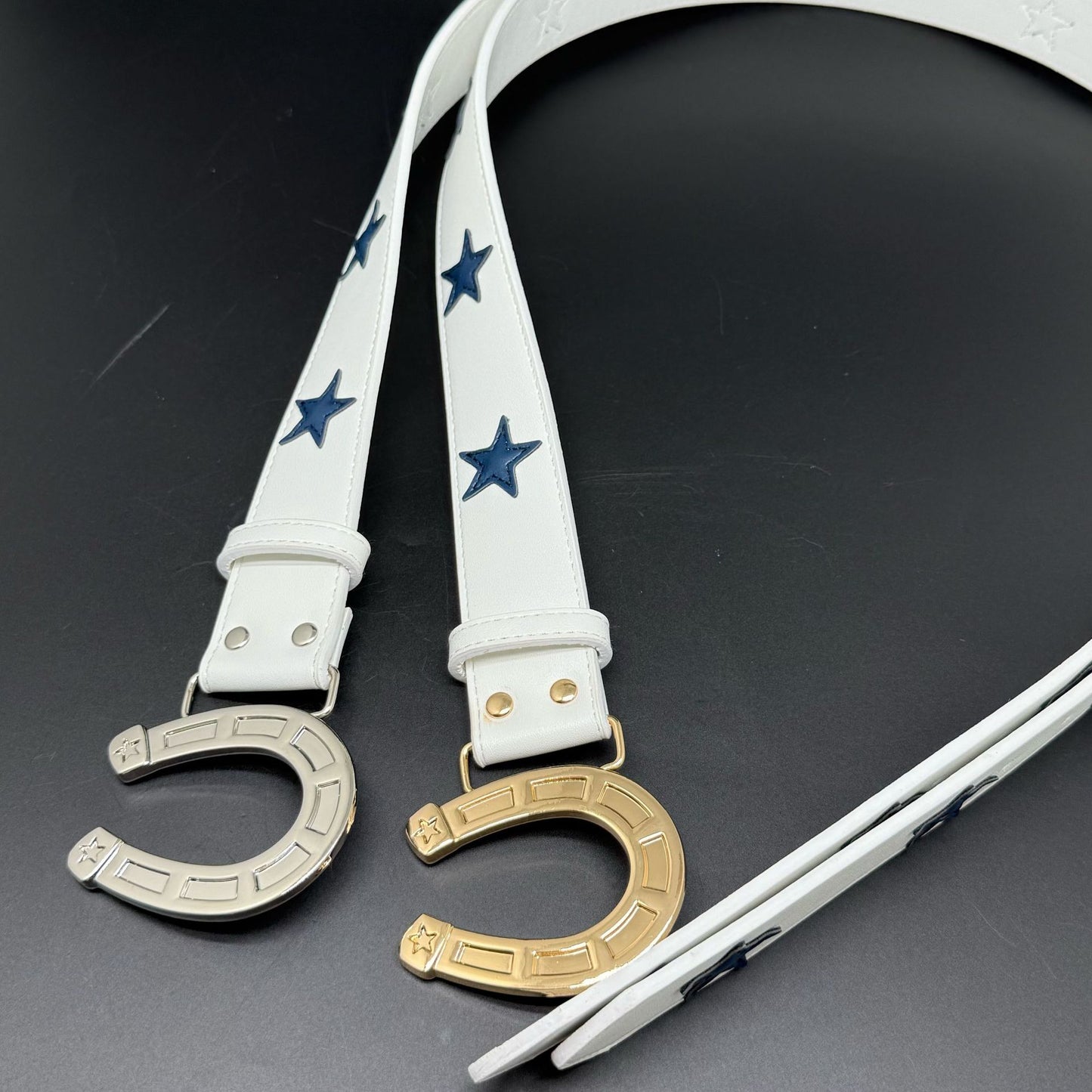 Punk Color Block Belt In White & Blue With Alloy Snap Buckle, Made Of PU Leather